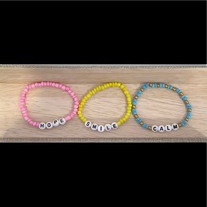 3 beaded bracelets yellow smile pink hope and calm